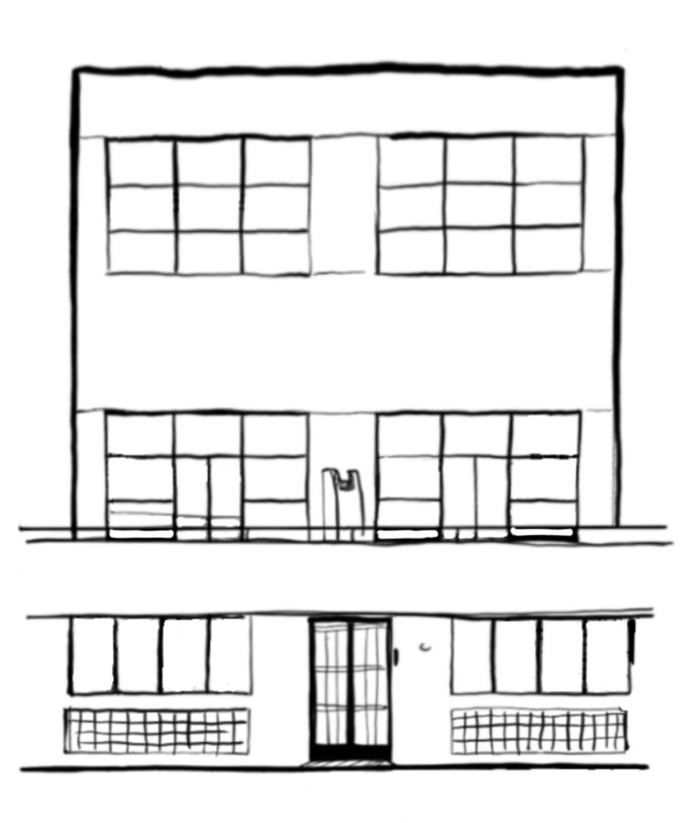 Hand-drawn elevations of the Tres Sargentos façade